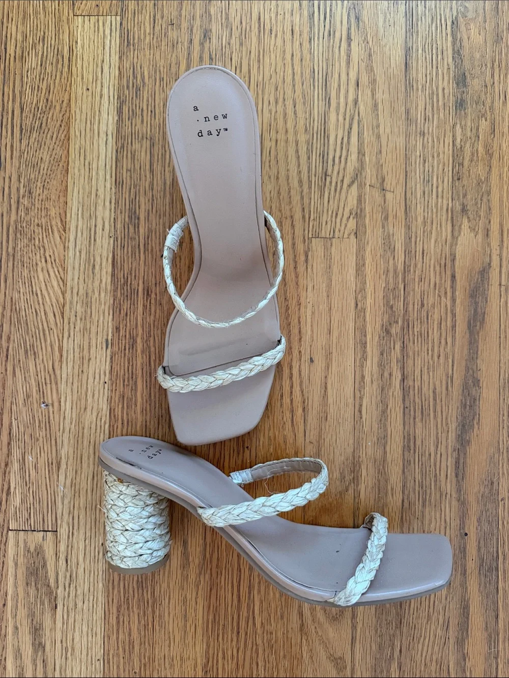 a new day Braided-Strap Neutral Block Heel Sandals size 9.5, raffia, minimal 👀